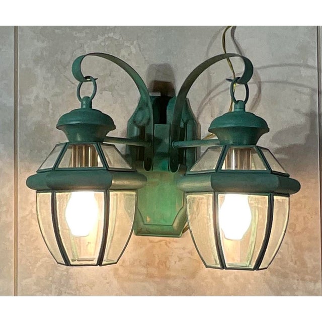 2010s Vintage Brass 2-Light Outdoor Wall Lantern -15” W X 12”h X 8”h For Sale - Image 5 of 10