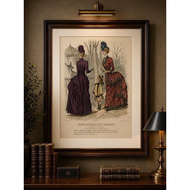 French Fashion Print, Tartan Dress & Child at Zoo, Hand-Colored, c.1887 A striking and highly decorative 19th-century...