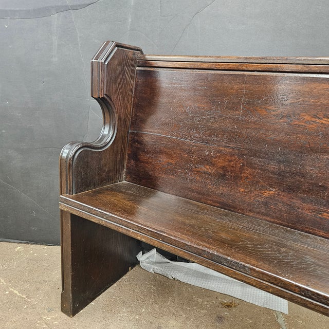 Antique Oak English Church Pew Bench With Low Carved Arms For Sale - Image 4 of 13