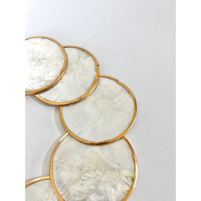 1960s Vintage Capiz Shell Hollywood Regency Brass Coasters - Set of 10 For Sale - Image 5 of 10