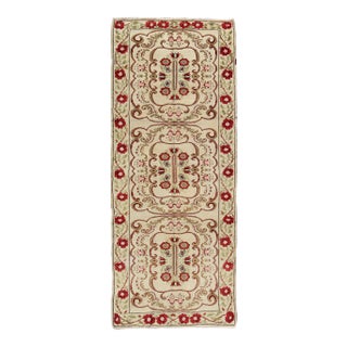 Vintage Turkish Runner With Floral Deco Design in Cream and Red and Green For Sale