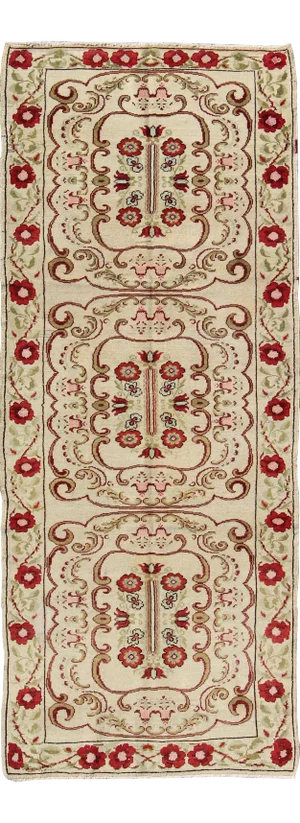 Vintage Turkish Runner With Floral Deco Design in Cream and Red and Green