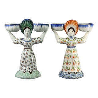 1863-1900 Pair of French Faience Double Salts Bretonne Women 1792, Desvres For Sale