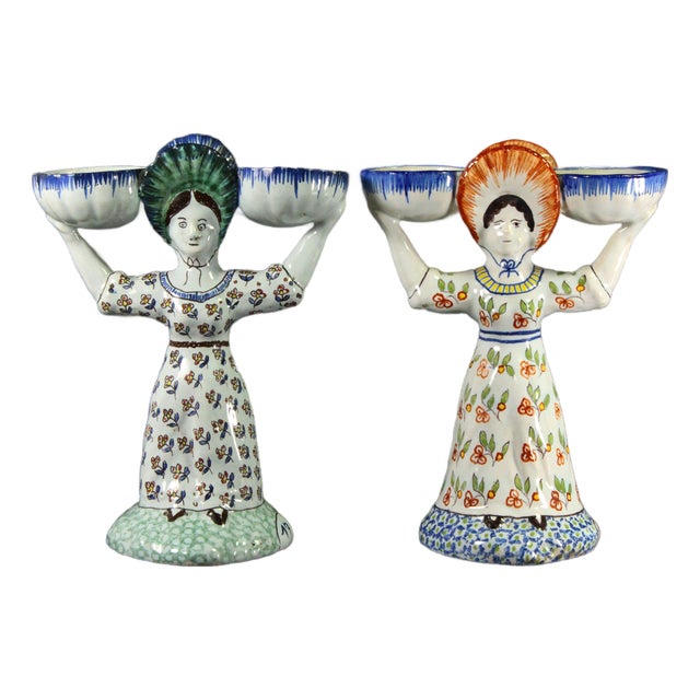 1863-1900 Pair of French Faience Double Salts Bretonne Women 1792, Desvres For Sale