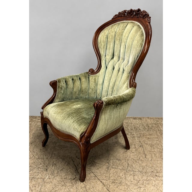 Mid 20th Century His and Hers Victorian Carved Floral Parlor Chairs - Set of 2 For Sale - Image 9 of 14