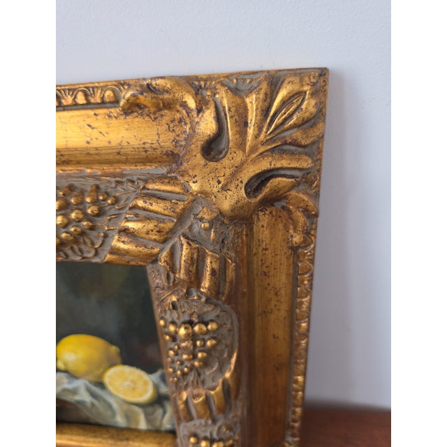 Late 20th Century Gilt Grape Motif Frame With Original Oil Painting, Lemon Still Life Art, Ornate Gold Frame, Cottage Decor For Sale - Image 9 of 13