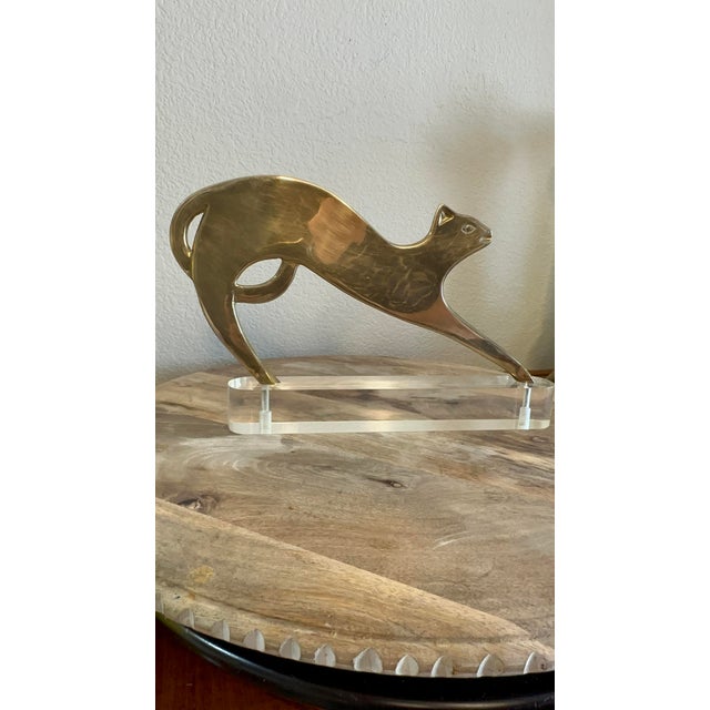 Brass Early 20th Century Werkstätte Stretching Brass Cat on Clear Plinth Hagenauer Style For Sale - Image 8 of 17