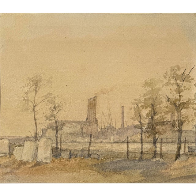Impressionist Mill With Masted Ships in a Harbor Original Watercolor For Sale - Image 3 of 3