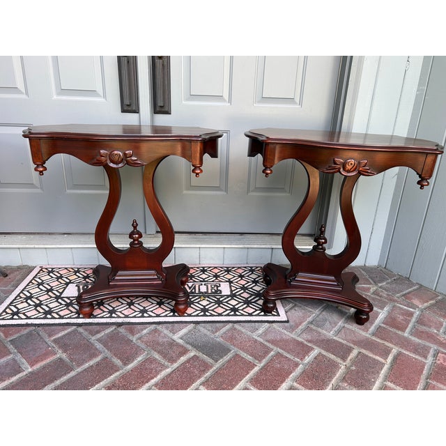 Vintage Lyre Base End Tables - Pair of Carved Mahogany Tone Harp Side Tables For Sale - Image 11 of 11