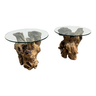 Vintage Glass Top Root Tables - a Pair For Sale