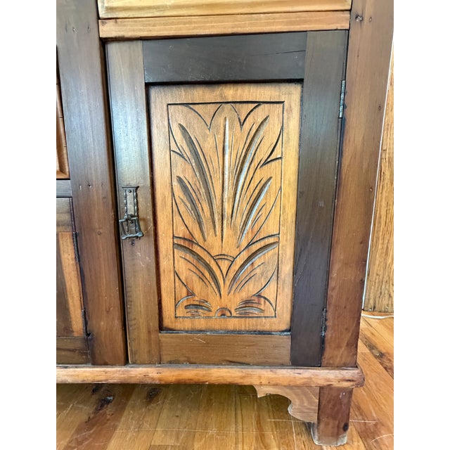 Wood Antique 1890’s Art Nouveau Carved Oak Side Board Buffet For Sale - Image 7 of 11
