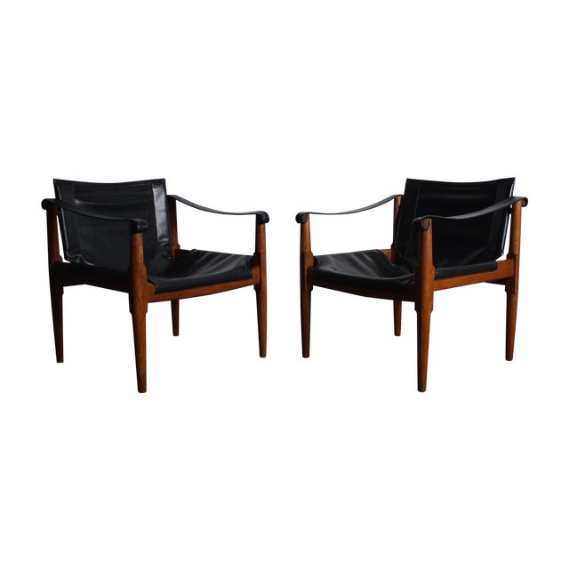 Mid Century Teak and Leather Safari Chairs Pair Chairish