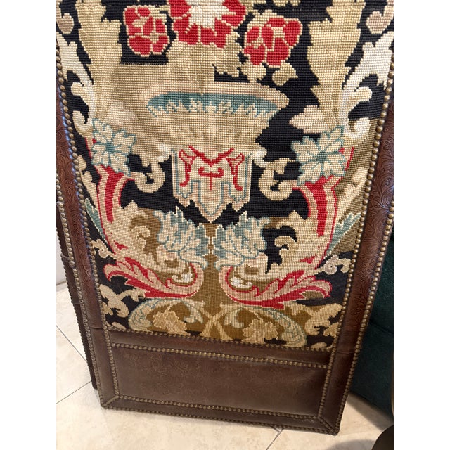 Mid 20th Century Embossed Leather and Needlepoint 2 Panel Screen For Sale - Image 5 of 14