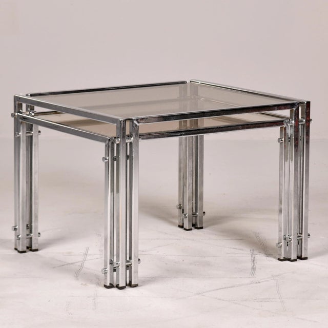 Set of Two Vintage Nesting Tables With Chrome Frames and Pale Smoke Glass Tops For Sale - Image 12 of 12