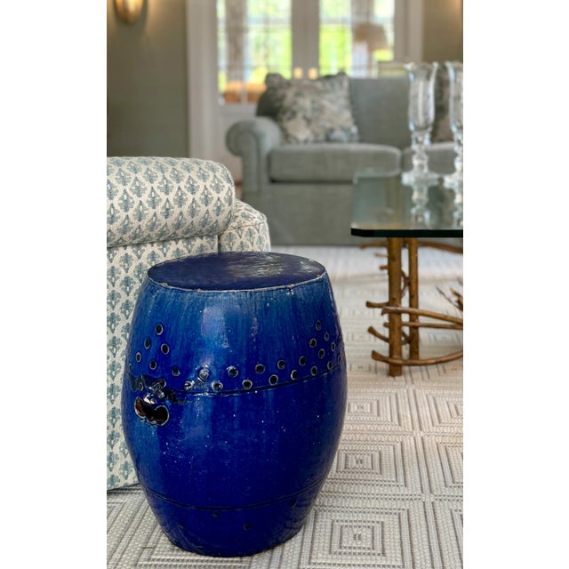 Striking cobalt-glazed Chinese garden stool with pierced decoration, circa 1900. A richly glazed antique Chinese garden...
