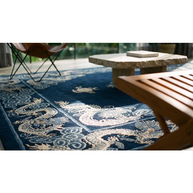 1900s Blue Navy Dragon Medallion Antique Chinese Peking Carpet 4'8" X 5'10" Knotted Wool Rug For Sale - Image 16 of 18
