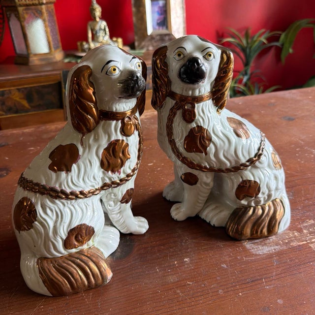 A Fine Pair of Antique Staffordshire Spaniel Dogs with Copper Lustre, Circa 1880 Made in Staffordshire, England, circa...