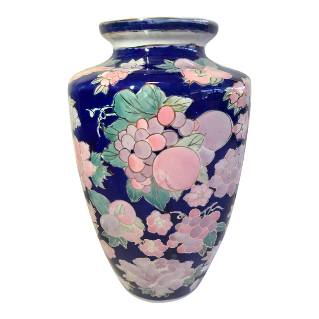 Vintage Floral and Fruit Chinoiserie Blue Gold Pink Jardiniere Vase For Sale