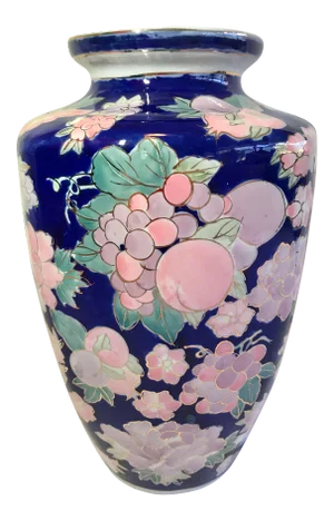 Vintage Floral and Fruit Chinoiserie Blue Gold Pink Jardiniere Vase