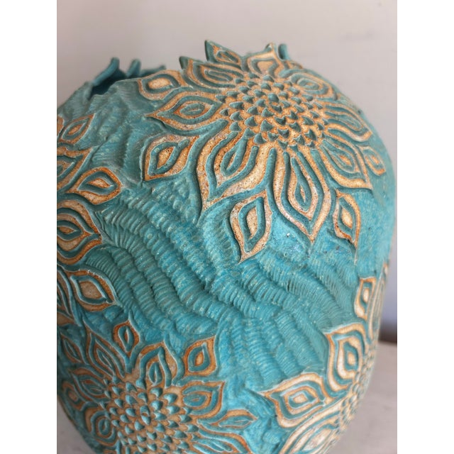 Vintage Large Blue Studio Pottery Vase With Sunflower Relief Pattern For Sale - Image 4 of 10