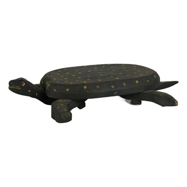 Vintage Folk Art Primitive Hand Painted & Carved Whimsical Turtle With Polkadots For Sale
