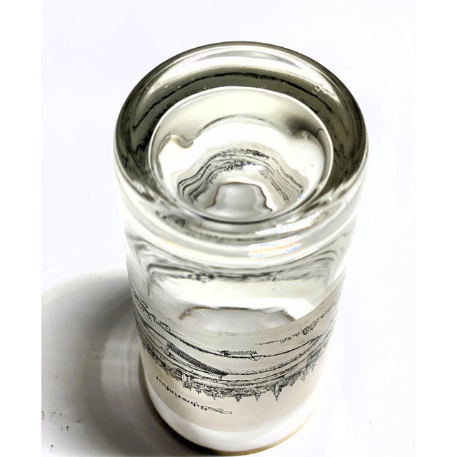 Vintage Gold Rim European Cityscape Highball Glasses – Set of 8 Schweinfurt Frosted Mid-Century Barware For Sale - Image 4 of 12