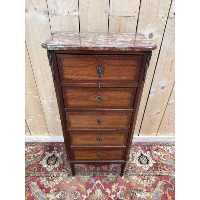 Transitional Style Marquetry and Marble Chest of 5 Drawers For Sale - Image 3 of 10