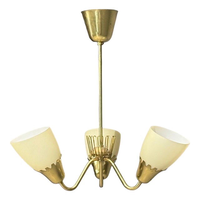 1940s Mid-Century Modern Hans Bergstrom Attr, Pendant Light, Brass, Glass For Sale