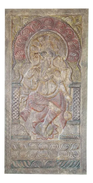 Vintage Ganesha Wall Sculpture – Hand-Carved Barn Door Panel in Vibrant Hues 72x36