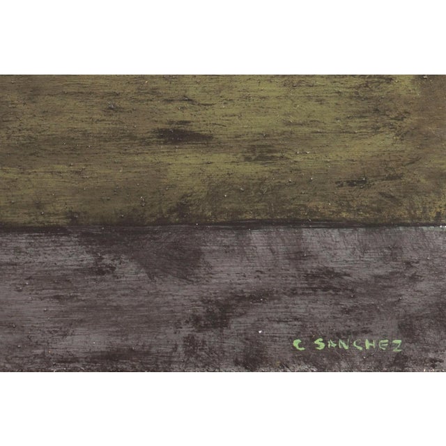 An abstract oil comprising geometric shapes in scumbled shades of green and charcoal encasing a bold, variegated saffron...