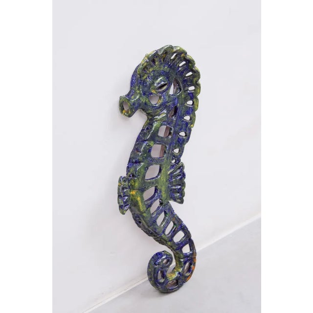 Vintage Blue Glazed Seahorse Wall Sculpture, 1970s For Sale - Image 4 of 10