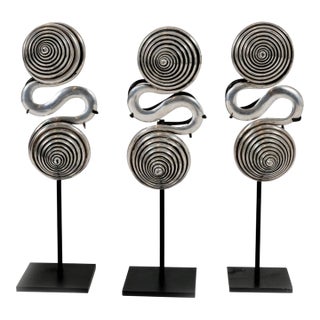 Dong Miao Tribal Silver Coil Counterweights on Display Stands, Set of 3 For Sale