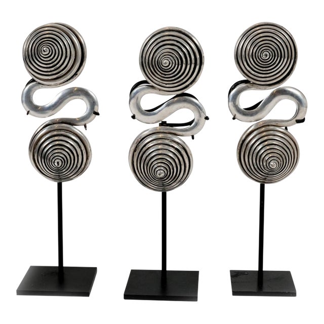 Dong Miao Tribal Silver Coil Counterweights on Display Stands, Set of 3 For Sale