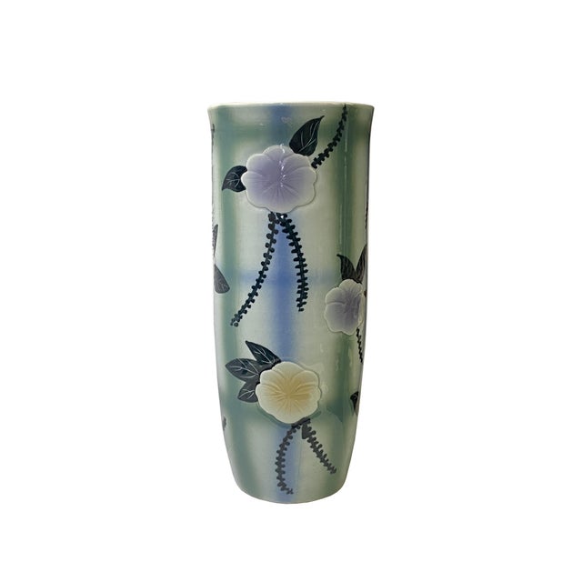 Baby Blue Artistic Flower Blue Green Checker Cross Porcelain Tall Slim Round Vase For Sale - Image 8 of 9