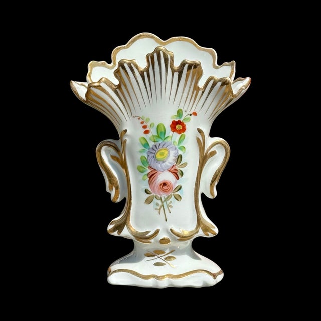Antique French Paris Porcelain Ruffled Bridal Spill Vases With Hand-Painted Florals & Gold, Set of 3 For Sale - Image 4 of 10