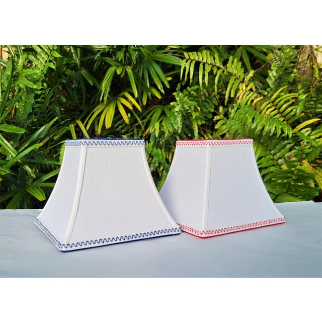 Contemporary Small White Linen Lampshade Clip on Blue Trim Square Bell For Sale - Image 12 of 13