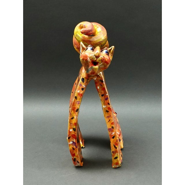 Whimsical Signed Studio Art Pottery Ceramic Cat Figurine Sculpture. Measures approximately 7 1/2" long, 4 3/8" wide, 11...