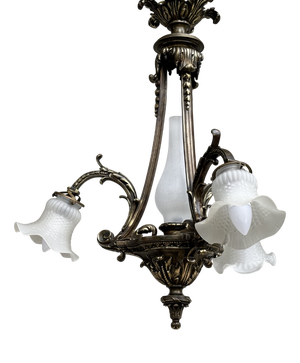 Vintage Bronze Pendant Light with Frosted Glass Shades, 1920s
