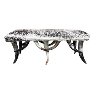 1970s Steer Horn Bench Cowhide Seat Nailhead Western Ranch Longhorn Speckled 48in For Sale