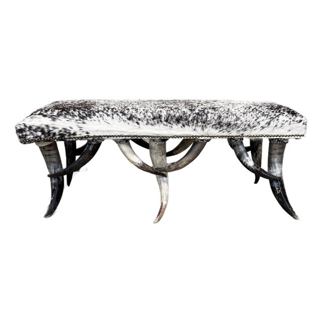 1970s Steer Horn Bench Cowhide Seat Nailhead Western Ranch Longhorn Speckled 48in For Sale