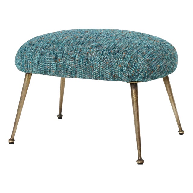Mid-Century Modern Blue Fabric and Metal Legs Footstool, Italy, 1950 For Sale