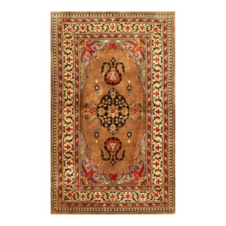 1960s Brown Medallion Contemporary Chinese Silk Rug 3' 5''x 5' 7'' Knotted Wool Carpet For Sale