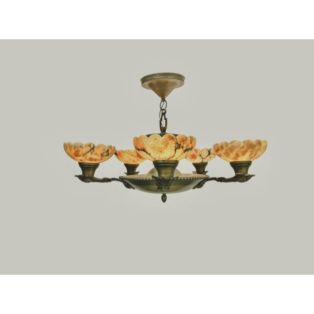 Art Deco Brass and Alabaster Pendant Chandelier, 1930s For Sale - Image 10 of 12