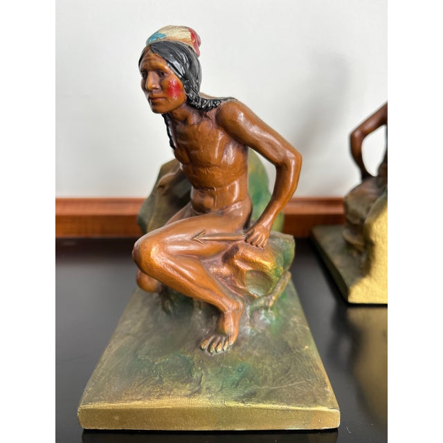 Metal Early 20th Century Hand-Painted Native American Figural Bookends For Sale - Image 7 of 9