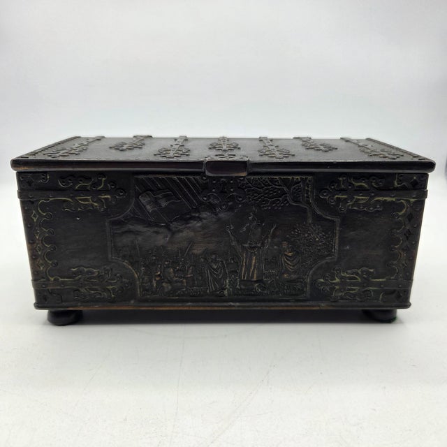 An exceptional vintage bronze-finished jewelry casket by Iron Art of Copenhagen, Denmark, featuring elaborate Medieval...