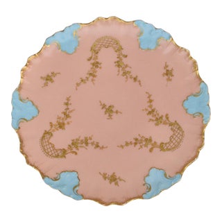 Antique Ak Co Limoges Plate France Pink Cabinet Hand Painted Blue Gold Gilt For Sale
