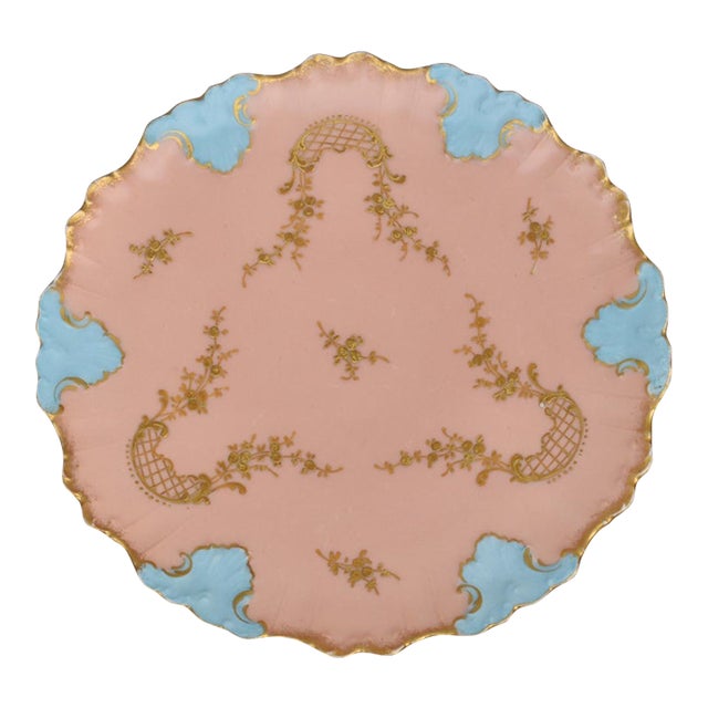 Antique Ak Co Limoges Plate France Pink Cabinet Hand Painted Blue Gold Gilt For Sale