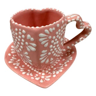 Heart-Shaped Pink Glazed Taza De Barro Clay Cup and Saucer (10 Oz) – Handmade in Mexico For Sale