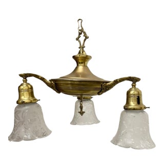 Antique 1930s Pan Light Art Nouveau Brass 3 Arm Chandelier Light Fixture For Sale