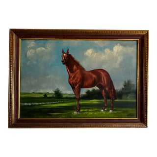Antique Large Classic Oil Painting of a Thoroughbred Horse in Wood Frame For Sale